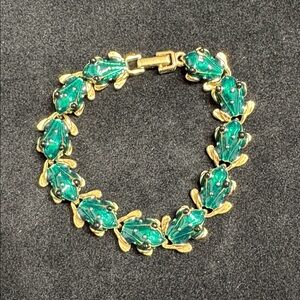 Vintage Green Enamel and Gold Tone Frog Link Statement Bracelet